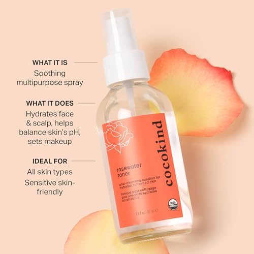 Rosewater Facial Toner Cocokind, Spray Multipurpose para Fixar Maquiagem, Limpeza Dupla e Equilíbrio do pH da Pele, Feito com Hidrossol de Rosa, 120 ml