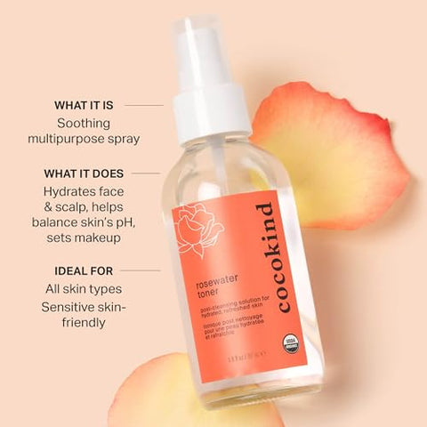 Rosewater Facial Toner Cocokind, Spray Multipurpose para Fixar Maquiagem, Limpeza Dupla e Equilíbrio do pH da Pele, Feito com Hidrossol de Rosa, 120 ml