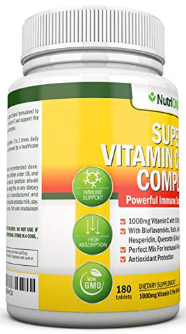 NutriONN - Super Complexo de Vitamina C – 1695mg – 180 Comprimidos – Com 530mg de Bioflavonoides Cítricos Naturais, Rosa Mosqueta, Rutina, Quercetina | Marca: Super Vitamin C