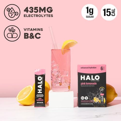 HALO Sport - HALO Hydration – Mistura de Bebida Eletrolítica | Sachês de Pó para Hidratação | Sabor Limonada Rosa – Para Esportes e Ciclismo | Embalagem Individual de Fácil Abertura | 24 Sachês