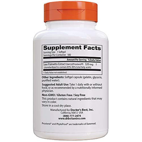 Doctor's BEST - Saw Palmetto 320 Mg Softgels – 180 Unidades | Doctor’s Best | Comprimidos de Palmeira Anã | Saúde Masculina