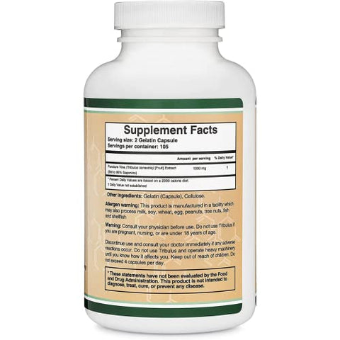 Double Wood Supplements - Tribulus Terrestris para Homens (Conteúdo de Saponina Pura de 95%%) 210 Cápsulas, 1.000mg de Extrato Concentrado de Frutas (Testado por Terceiros, Seguro para Veganos, Não-OGM) para Resistência e Energia