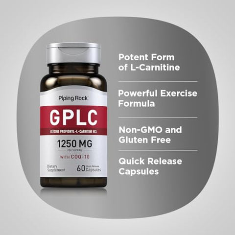 GPLC Glycine Propionyl-L-Carnitine | 1250mg | 60 Cápsulas | CoQ10 | Suplemento Livre de GMO e Glúten - Piping Rock