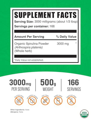 com Spirulina Orgânica em Pó – Superfood Verde, Vegano, 3000mg por Porção, 500g (1.1 lbs) (Pacote de 1) - BulkSupplements
