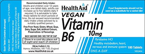 HealthAid - Vitamina B6 Health Aid (Cloridrato de Piridoxina) 10mg 100 Comprimidos