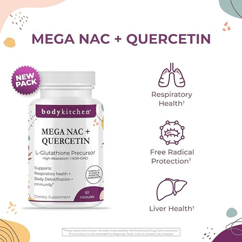 Mega NAC 600 mg com Quercetina – Suporte à Saúde Respiratória e Imunológica, Detox para Fígado e Rins – Cápsulas Vegetais (Pacote com 2) - Body Kitchen