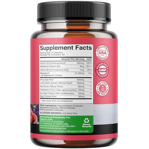 Natures Craft - Suplemento Completo de Menopausa Herbal para Mulheres – Alívio Multibenefícios da Menopausa, Equilíbrio Hormonal para Mulheres, Suor Noturno, Humor e Mais com Dong Quai, Vitex, Chaste Berry e