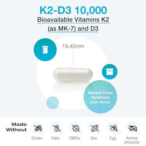 K2-D3 10000 – Vitamina D3 K2 – Vitamina D 10.000 UI (Colecalciferol) com Vitamina K2 MK-7 – Saúde do Coração, Arterial e Óssea – Suporte Imunológico (120 cápsulas) - XYMOGEN