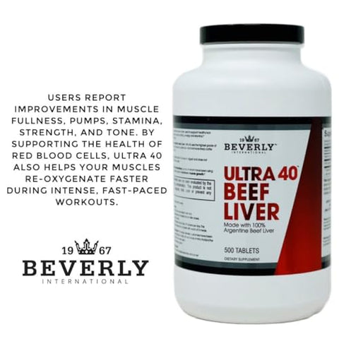 Ultra 40 Fígado Bovino Desidratado de Pasto, 500 Tab. Segredo da Era Dourada para Aumentar o Crescimento Muscular, Resistência e Desempenho Naturalmente. Supere os limites - Beverly International