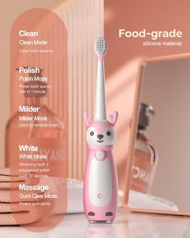 AJELU - Escova de Dentes Elétrica Infantil Sonic para Idades 3, à Prova d’Água IPX7, 3 Modos Inteligentes com Memória, Inclui 8 Cabeças de Escova Substituíveis, Rosa