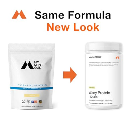 Essential – Pó de Proteína Isolada de Soro de Leite – 20g Proteína Isolada – Certificado NSF, Sem Glúten, 24 Porções para Uso Diário Essencial, Baunilha (Embalagem Pode Variar) - Momentous