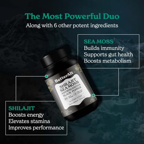 Better Alt - Cápsulas de Shilajit Gold com Sea Moss, Ashwagandha e Extrato de Pimenta Preta – Potencialize sua saúde com ingredientes naturais!