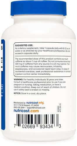 Cápsulas de Cafeína 100mg por Porção, 250 Cápsulas – Energia e Desempenho - Nutricost