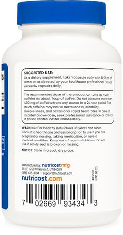 Cápsulas de Cafeína 100mg por Porção, 250 Cápsulas – Energia e Desempenho - Nutricost