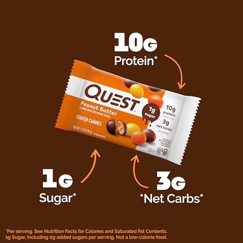 Coated Candies – Amendoim, 1g Açúcar, 10g Proteína, 4g Carboidratos Líquidos, Sem Glúten, Amigo do Keto, 12 Unidades - Quest Nutrition