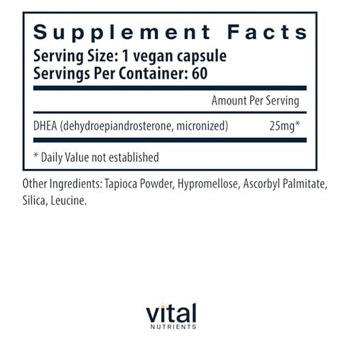 DHEA 25mg | Suplemento Vegano de DHEA Micronizado para Mulheres | 25g - Vital Nutrients