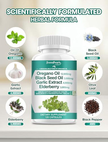 GREENPEOPLE - Óleo de Orégano Cápsulas Orgânicas 12.000 mg com Óleo de Semente Negra Alho Sabugueiro – 120 Unidades Veganas – Suporte Imunológico e Digestivo