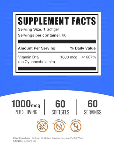 com Vitamin B12 1000 mcg Softgels – Cyanocobalamin, Essential Vitamin B, Gluten Free, 1 Softgel por Porção, 60 Unidades (Embalagem de 1) - BulkSupplements