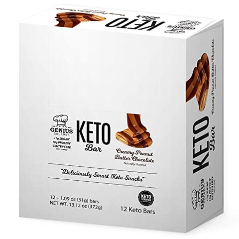 Barra de Proteína Keto Sem Glúten, Chocolate Premium com MCTs, Baixo Carboidrato, Baixo Açúcar (Chocolate Dream, Manteiga de Amendoim) - Genius Gourmet