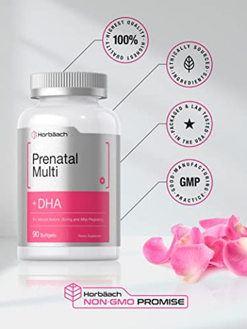Prenatal Multivitamínico para Mulheres com DHA, Ferro e Ácido Fólico | 90 Softgels | Não-OGM - Horbäach