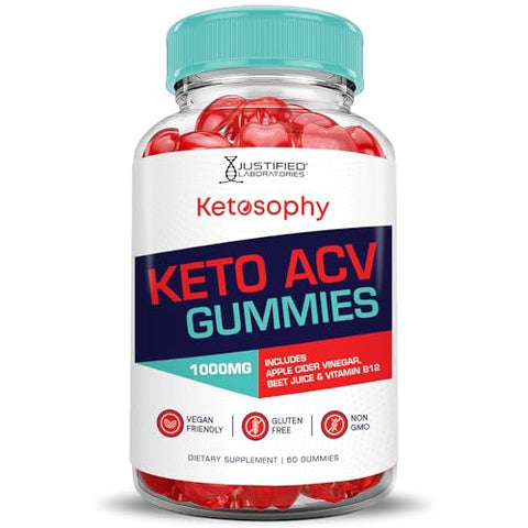 Justified Laboratories - (2 Pacotes) Gomas Ketosophy Keto ACV Fórmula Avançada 1000MG Gomas Ketosophy Keto Vinagre de Maçã Formulado com Pó de Romã e Beterraba B12 Vegano Não GMO 120 Gomas