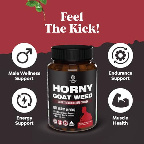 Natures Craft - Horny Goat Weed Extra Forte para Aumento Masculino – Complexo de 1590mg com Tongkat Ali, Saw Palmetto, Panax Ginseng e Maca Negra para Resistência