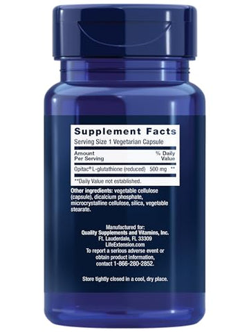 Glutationa 500 mg – Cápsulas de Glutationa, Suplemento Antioxidante, Estresse Oxidativo, Forma Reduzida Ativa – Sem Glúten, Não-OGM, Vegetariano – 60 Cápsulas - Life Extension