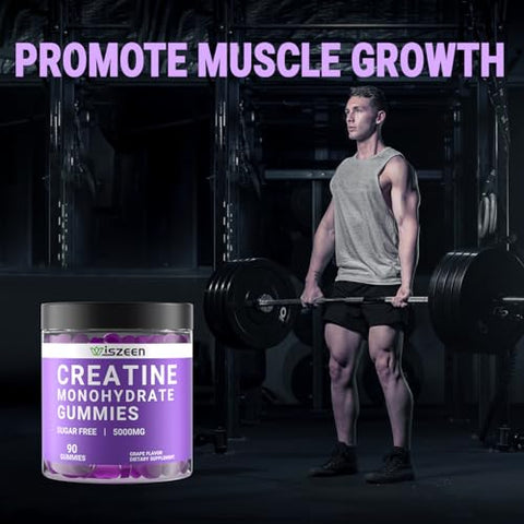 Wiszeen - Gomas de Creatina Monohidratada 5000mg para Homens e Mulheres, Gomas de Creatina Monohidratada Sem Açúcar com L-Taurina, Betaína Anidra, Alpha GPC, Vitamina B12