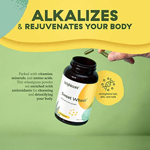 Brightcore - Nutrition Sweet Wheat: Athletic Greens Prontos para Beber, Super Greens com Enzimas Digestivas para Saúde Digestiva e Impulso Imunológico, 180 Cápsulas de Pó de Suco de Capim de Trigo