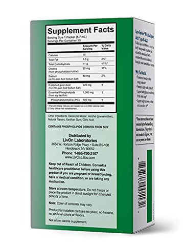 Lypo-Spheric Ácido Alfa Lipóico R-Alpha – 30 Pacotes – 226mg Por Pacote – Encapsulado em Lipossomas para Máxima Bioacessibilidade – 100%% Não-OGM - LivOn Laboratories