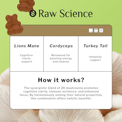 S RAW SCIENCE - Complexo de Cogumelos em Gomas com Leão da Montanha, Suplementos Nootrópicos para Memória