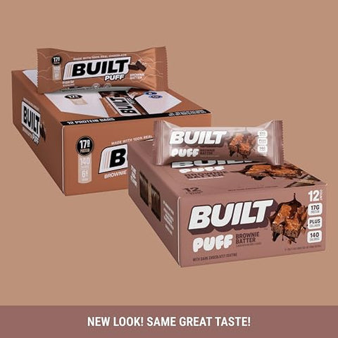 Built Bar - BUILT Barras de Proteína, Sabor Brownie, 12 unidades, Snacks Proteicos com 17g de Proteína, Colágeno, Barra de Proteína de Chocolate, Sem Glúten com 140 calorias