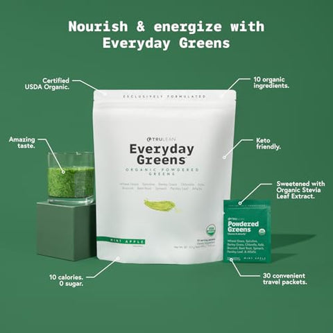 Everyday Greens – Superalimento em Pó de Vegetais Orgânicos – Vegano, Espirulina, Capim de Trigo, Clorela – Sem Glúten, Zero Açúcar – Sabor Menta Maçã – 30g - TRULEAN