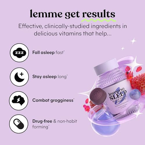 Sleep Gummies 5mg Melatonina, Sabugueiro, Magnésio, L-Teanina, Camomila e Lavanda – Auxílio Noturno para Dormir sem Medicamentos, Vegano, Sem Glúten, Sem Gelatina, Não Transgênico - Lemme