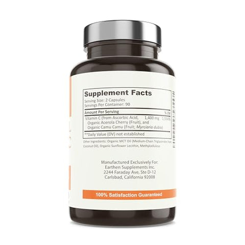 EARTHEN supplements - EARTHEN Liposomal Vitamina C | Ingredientes Orgânicos | 1400MG Por Porção | 180 Cápsulas – 90 Porções | Não OGM | Solúvel em Gordura – Alta Absorção Antioxidante