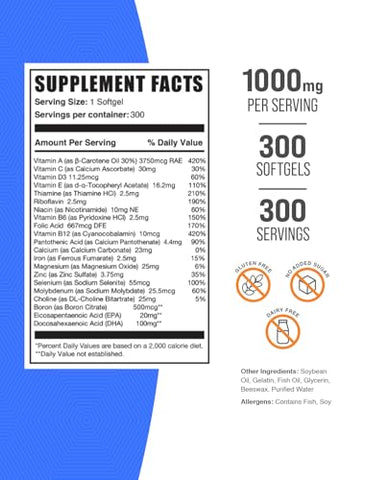 Multivitamínicos em Softgels BulkSupplements.com – Diário, Multimineral, Óleo de Peixe – Sem Glúten, 1 Softgel por Porção, 300 Unidades