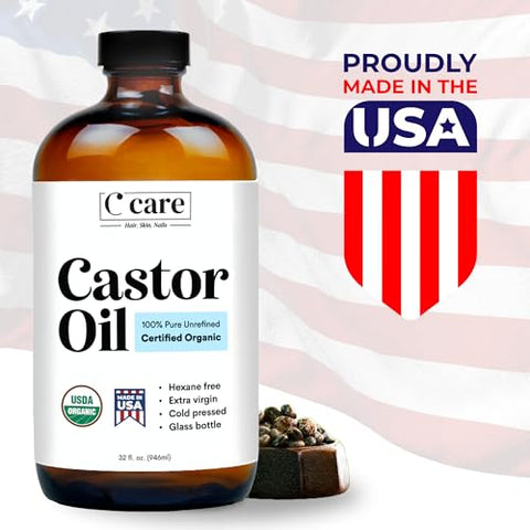 C CARE - Óleo de Rícino Orgânico Prensado a Frio Não Refinado em Frasco de Vidro Livre de Hexano Extra Virgem Certificado USDA 100% Puro Orgânico para Crescimento Capilar Sobrancelhas Cílios Pele Uso com