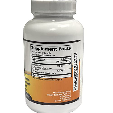 Simply Natures Pure - Berberina HCl 500mg – 120 Cápsulas – Suporte Cardiovascular Gastrointestinal Imunológico – Cromo Canela –