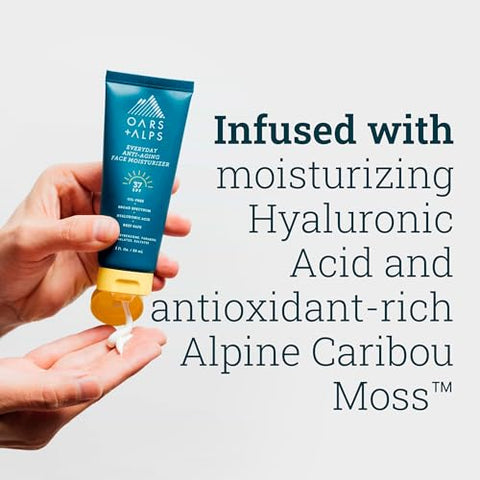 Oars + Alps - Oars Alps Protetor Solar SPF 37 e Hidratante Facial Anti-Envelhecimento Diário, com Ácido Hialurônico, Vitamina E e Vitamina B5, 60 ml, Amigo da TSA