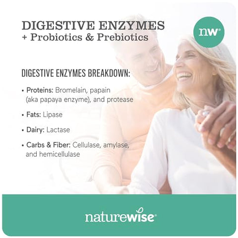 Enzimas Digestivas – Multi Enzimas com Probióticos Prebióticos – Bromelina Enzima de Mamão para Digestão de Carboidratos, Gorduras, Proteínas – 100% Natural e Eficaz - NatureWise