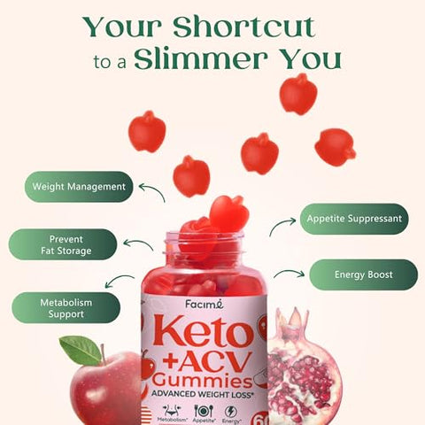 Facime - Keto Acv Gummies – Perda de Peso Avançada com Vinagre de Maçã – 1000MG com Romã, Beterraba em Pó, B12, Vegano Não GMO, Fabricado nos EUA, 60 Gummies