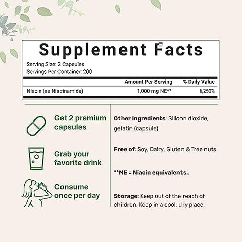 Micro Ingredients - Vitamina B3 Niacinamida 500mg por Cápsula, 400 Cápsulas | 1.000mg Niacina Livre de Rubor por Porção, Suplemento Essencial de Vitamina B | Cuidados com a Pele e Saúde