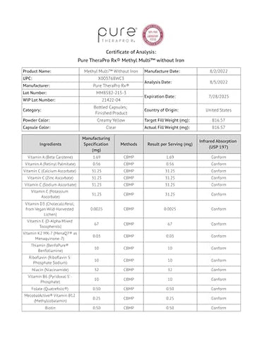 Pure Therapro Rx - Methyl Multi Sem Ferro – 120 Cápsulas Veganas – Suprimento de 60 Dias – Com Methyl B12