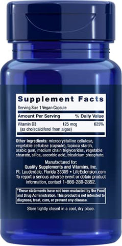 Vegan Vitamina D3 – Saúde das Articulações/Ossos, Suporte Imunológico, Livre de Transgênicos e Glúten, 60 Cápsulas - Life Extension