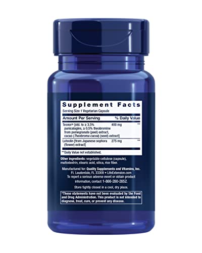 Suplemento Life Extension Testosterone Elite – Suporte à Produção de Testosterona para Homens – com Luteolina, Extrato de Romã e Semente de Cacau – Livre de Glúten, Não-OGM, Vegetariano