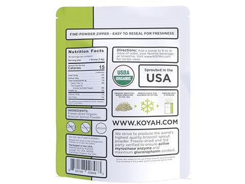 Pó de Broto de Brócolis Orgânico dos EUA (1 Porção = 1/4 xícara de brotos): 36 Porções, Liofilizado, Testado para Mirosinase Ativa e Glucorafanina (Glucosinolato de Sulforafano) - KOYAH