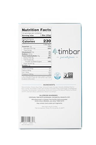 TIMBAR - Timbar Barras de Proteína, Pasta de Amendoim com Gotas de Chocolate, à Base de Plantas, Não-OGM, Sem Glúten, Sem Laticínios, Sem Ovos, Sem Conservantes (12 Barras) – 13g de Proteína à Base de Plantas por Barra