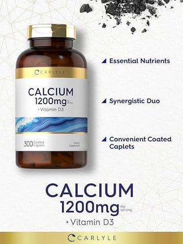 Calcium 1200mg com Vitamina D3 | 300 Cápsulas | Sem GMO, Sem Glúten e Vegetariano - Carlyle