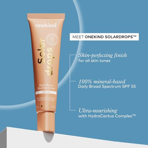 Solardrops SPF 55 – Serum Solar Diário Mineral para Pele Sensível, Defesa Leve contra Rugas, Fórmula Não Comedogênica de Óxido de Zinco com UVA - Onekind