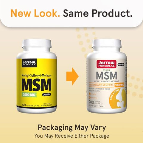 MSM Cápsulas 1.000 mg, Metilsulfonilmetano, Suporte para Saúde das Articulações, 200 Cápsulas, Até 200 Porções - Jarrow Formulas